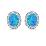 Halo Oval Stud Earrings Lab Created Blue Opal Simulated CZ 925 Sterling Silver (11mm)