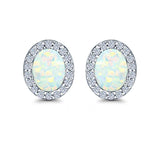 Halo Oval Stud Earrings Lab Created White Opal Simulated CZ 925 Sterling Silver (11mm)