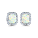 Halo Princess Stud Earrings Lab Created White Opal 925 Sterling Silver (14mm)