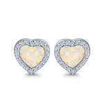 Halo Heart Stud Earrings Lab Created White Opal 925 Sterling Silver (15mm)