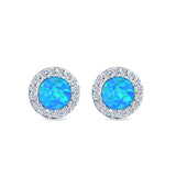 Halo Circle Stud Earrings Lab Created Blue Opal Round 925 Sterling Silver (14mm)