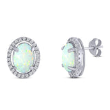 Halo Art Deco Oval Stud Earring Simulated Cubic Zirconia Created White Opal Solid 925 Sterling Silver (15mm)