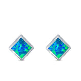 Square Solitaire Stud Earrings Lab Created Blue Opal 925 Sterling Silver (6mm)