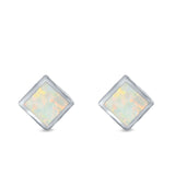 Square Solitaire Stud Earrings Lab Created White Opal 925 Sterling Silver (6mm)