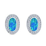 Halo Oval Stud Earrings Lab Created Blue Opal Simulated CZ 925 Sterling Silver (16mm)