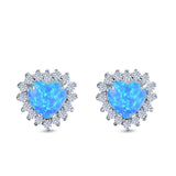 Halo Art Deco Heart Stud Earrings Lab Created Blue Opal Simulated CZ 925 Sterling Silver (12mm)