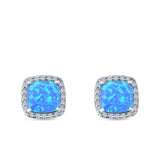 Halo Princess Cut Stud Earrings Lab Created Blue Opal Simulated CZ 925 Sterling Silver