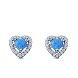 Halo Heart Stud Earrings Lab Created Blue Opal Simulated CZ 925 Sterling Silver