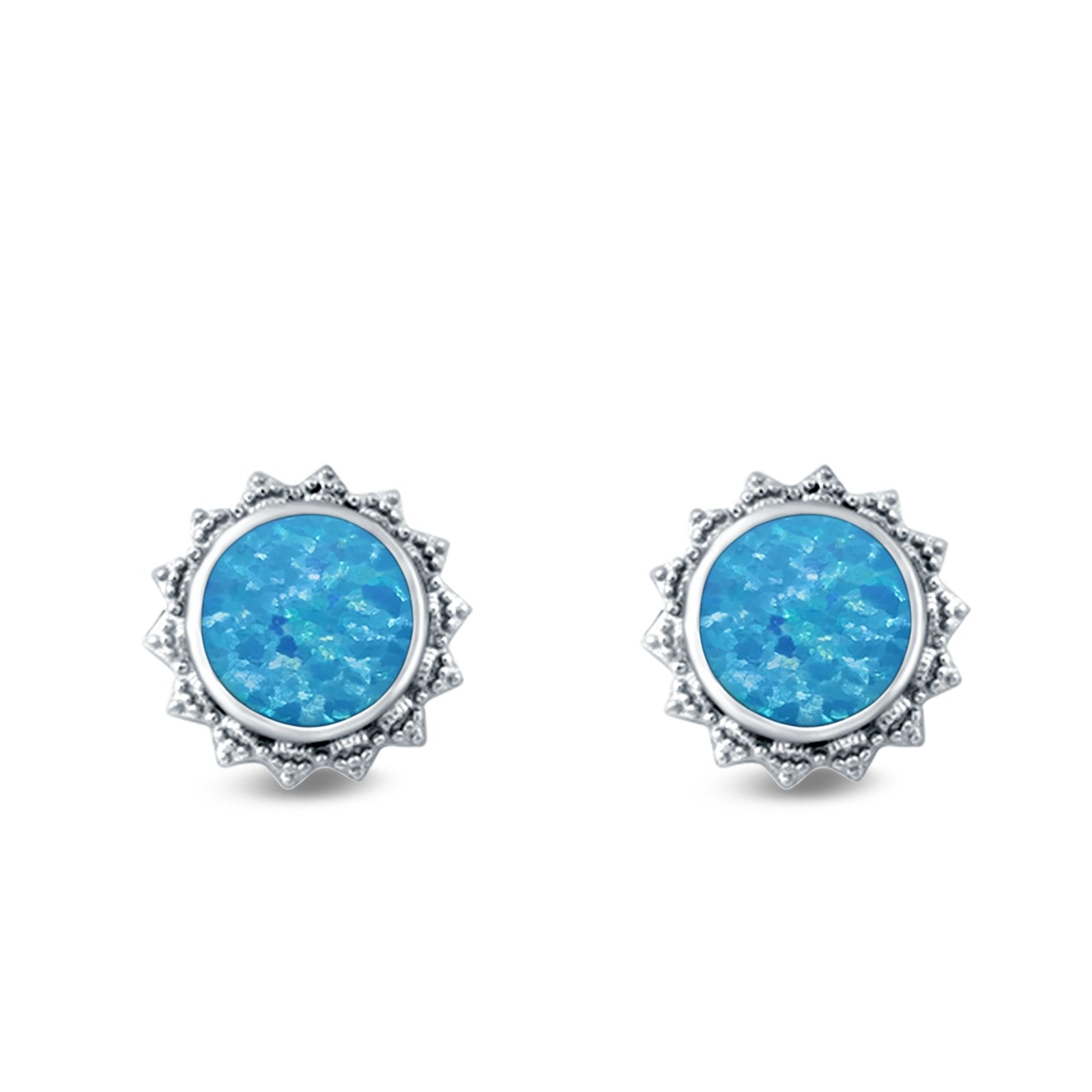Round Stud Earrings Lab Created Blue Opal 925 Sterling Silver (11mm)