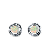 Round Rope Stud Earrings Lab Created White Opal 925 Sterling Silver (10mm)