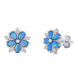 Flower Stud Earring Simulated Cubic Zirconia Created Blue Opal Solid 925 Sterling Silver (9mm)