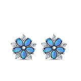 Flower Stud Earrings Lab Created Blue Opal Simulated CZ 925 Sterling Silver (9mm)