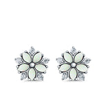 Flower Stud Earrings Lab Created White Opal Simulated CZ 925 Sterling Silver (9mm)