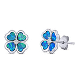 Plumeria Stud Earring Simulated Cubic Zirconia Created Blue Opal Solid 925 Sterling Silver (9mm)