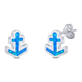 Anchor Stud Earring Lab Created Blue Opal Solid 925 Sterling Silver (9mm)