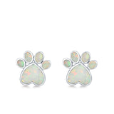 Paw Prints Stud Earrings Lab Created White Opal 925 Sterling Silver (10mm)