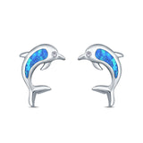 Dolphin Stud Earrings Lab Created Blue Opal 925 Sterling Silver (13mm)