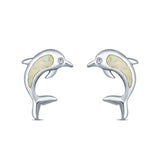 Dolphin Stud Earrings Lab Created White Opal 925 Sterling Silver (13mm)