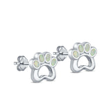 Paw Print Stud Earrings Lab Created White Opal 925 Sterling Silver (13mm)