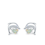 Dolphin Heart Stud Earrings Lab Created White Opal 925 Sterling Silver (7mm)
