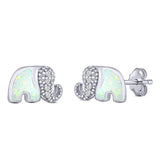 Elephant Stud Earring Simulated Cubic Zirconia Created White Opal Solid 925 Sterling Silver (6.7mm)