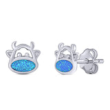 Cow Stud Earring Created Blue Opal Solid 925 Sterling Silver (8.8mm)