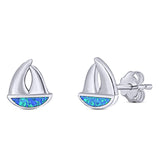 Sail Boat Stud Earring Created Blue Opal Solid 925 Sterling Silver (9mm)