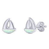 Sail Boat Stud Earring Created White Opal Solid 925 Sterling Silver (9mm)