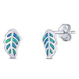 Leaf Stud Earring Created Blue Opal Solid 925 Sterling Silver (10mm)