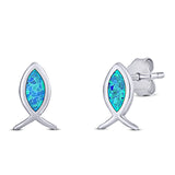 Fish Stud Earring Created Blue Opal Solid 925 Sterling Silver (8.6mm)