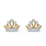 14K Gold Two Tone Micropave Crown Post Tiny Studs Earring for Women and Girls