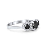 Three Stone Halo Simulated Black CZ Wedding Engagement Promise Ring 925 Sterling Silver