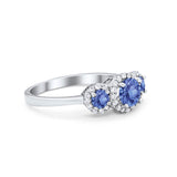 Three Stone Halo Simulated Tanzanite CZ Wedding Engagement Promise Ring 925 Sterling Silver