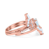 Three Piece Set Oval Rose Tone, Lab Created White Opal Art Deco Wedding Ring Band 925 Sterling Silver