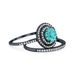 Double Halo Engagement Bridal Piece Ring Black Tone, Simulated Paraiba Tourmaline CZ 925 Sterling Silver