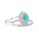 Double Halo Engagement Bridal Piece Ring Simulated Paraiba Tourmaline CZ 925 Sterling Silver