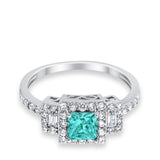 Halo Wedding Ring Baguette Simulated Paraiba Tourmaline CZ 925 Sterling Silver