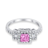 Halo Wedding Ring Baguette Simulated Pink CZ 925 Sterling Silver