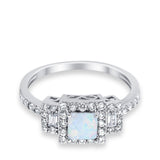 Halo Wedding Ring Baguette Simulated CZ Lab Created White Opal 925 Sterling Silver