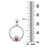Heart Claddagh Charm Pendant Simulated Garnet CZ 925 Sterling Silver (21mm)