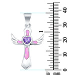 Lab Created Pink Opal & Simulated Amethyst Wings 925 Sterling Silver Charm Pendant