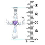 Lab Created White Opal & Simulated Amethyst Wings 925 Sterling Silver Charm Pendant