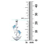 Anchor & Dolphins Pendant Charm Solid Lab Created Blue Opal 925 Sterling Silver