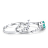 Two Piece Wedding Ring Round Simulated Paraiba Tourmaline CZ 925 Sterling Silver