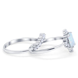 Art Deco Two Piece Wedding Ring Emerald Cut Band Lab Created White Opal 925 Sterling Silver