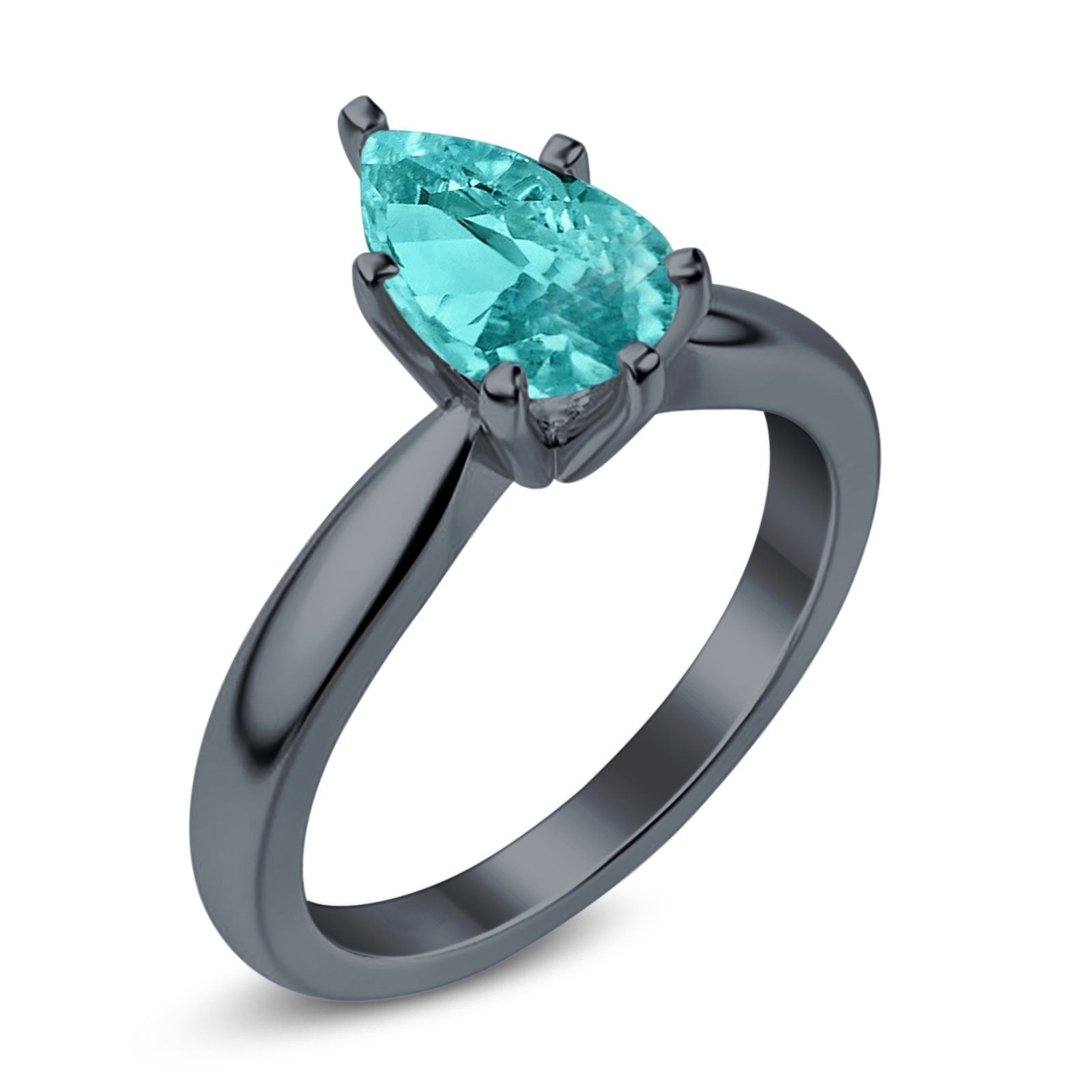 Solitaire Teardrop Black Tone, Simulated Paraiba Tourmaline CZ Wedding Ring 925 Sterling Silver Center Stone-(8mmx6mm)