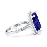 Halo Emerald Cut Engagement Ring Simulated Blue Sapphire CZ 925 Sterling Silver