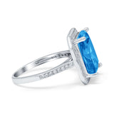 Halo Emerald Cut Engagement Ring Simulated Blue Topaz CZ 925 Sterling Silver