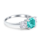 Cushion Three Stone Engagement Ring Simulated Paraiba Tourmaline CZ 925 Sterling Silver