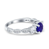 Art Deco Vintage Engagement Ring Round Simulated Blue Sapphire CZ 925 Sterling Silver